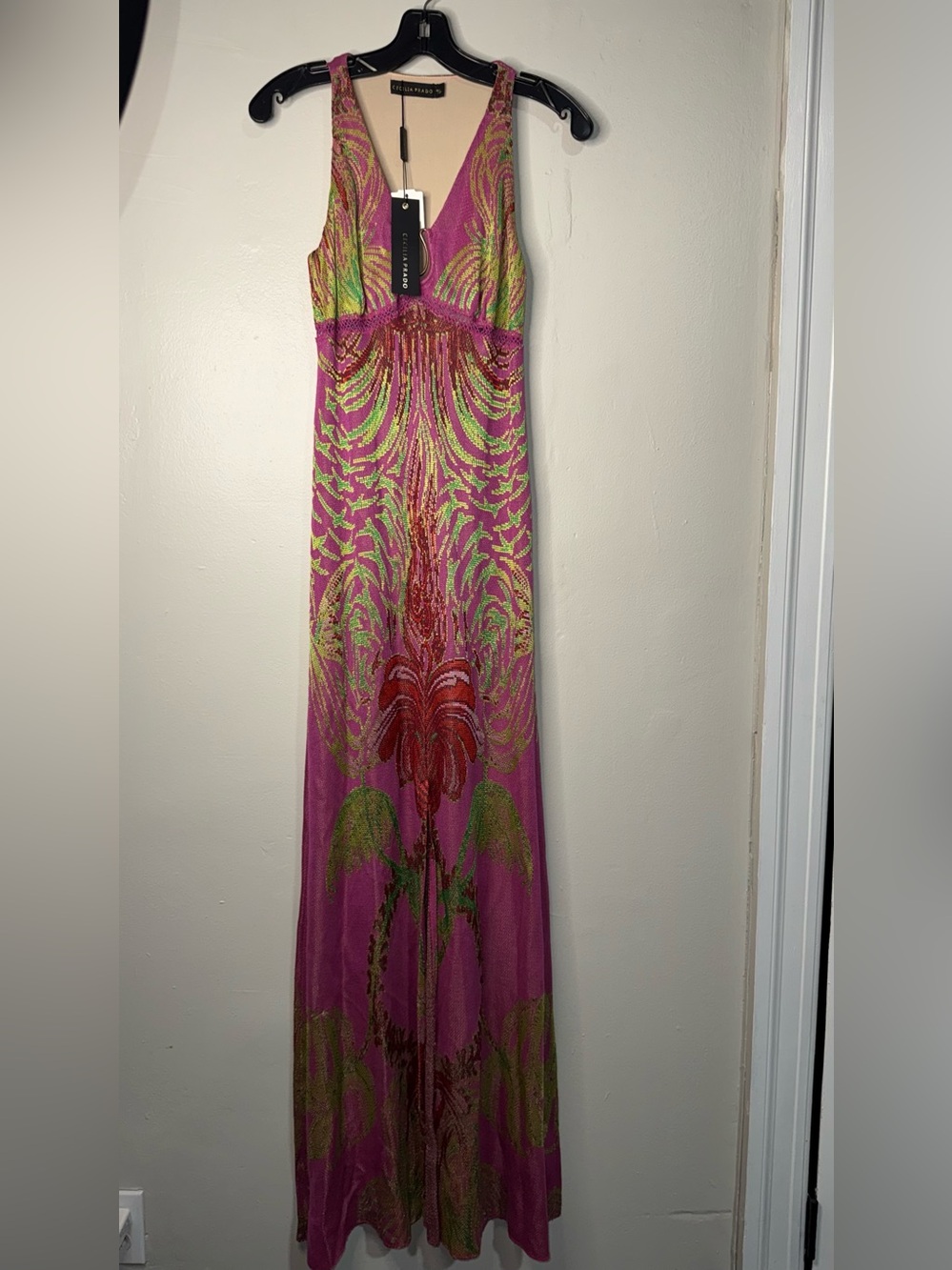 Cecilia Prado Sleeveless Fuchsia Maxi Dress with Tropical Beaded Motif